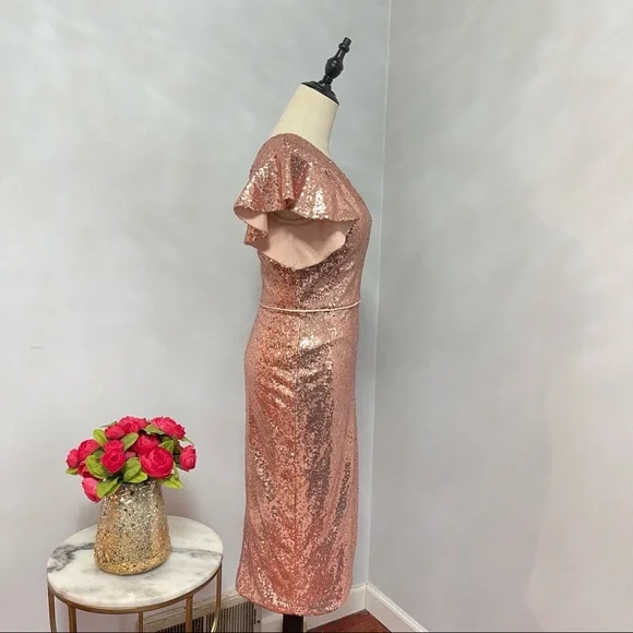 # Mac Duggal Rose Gold Sequins One Shoulder Ruffle Mini Dress / Gown New W/ Tag - Picture 14 of 17